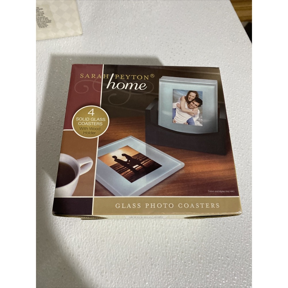 Sarah Peyton Home Glass Photo Coasters Set of 4 NIB Clear Beveled Wood Holder